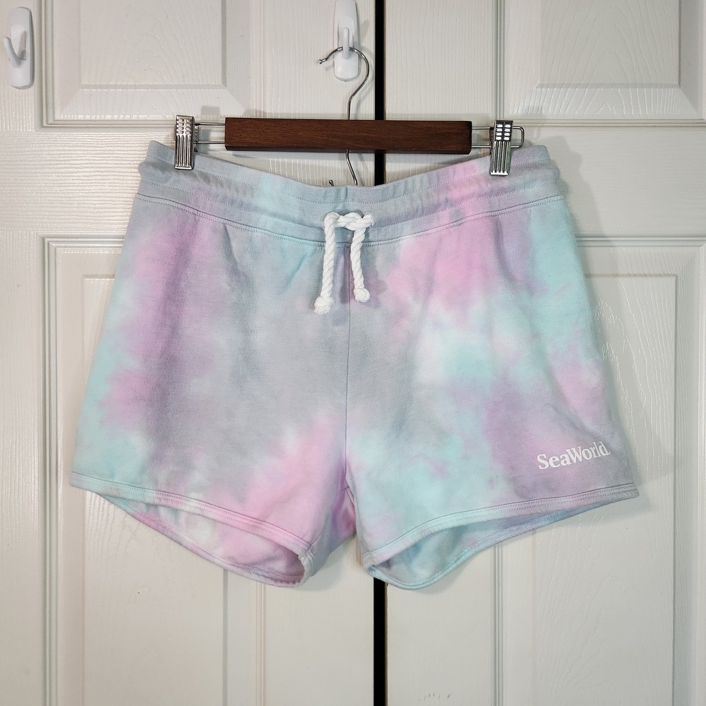 SeaWorld Womens Tie Dye Fleece Sweat Shorts Pastel Pink Teal Medium Athleisure